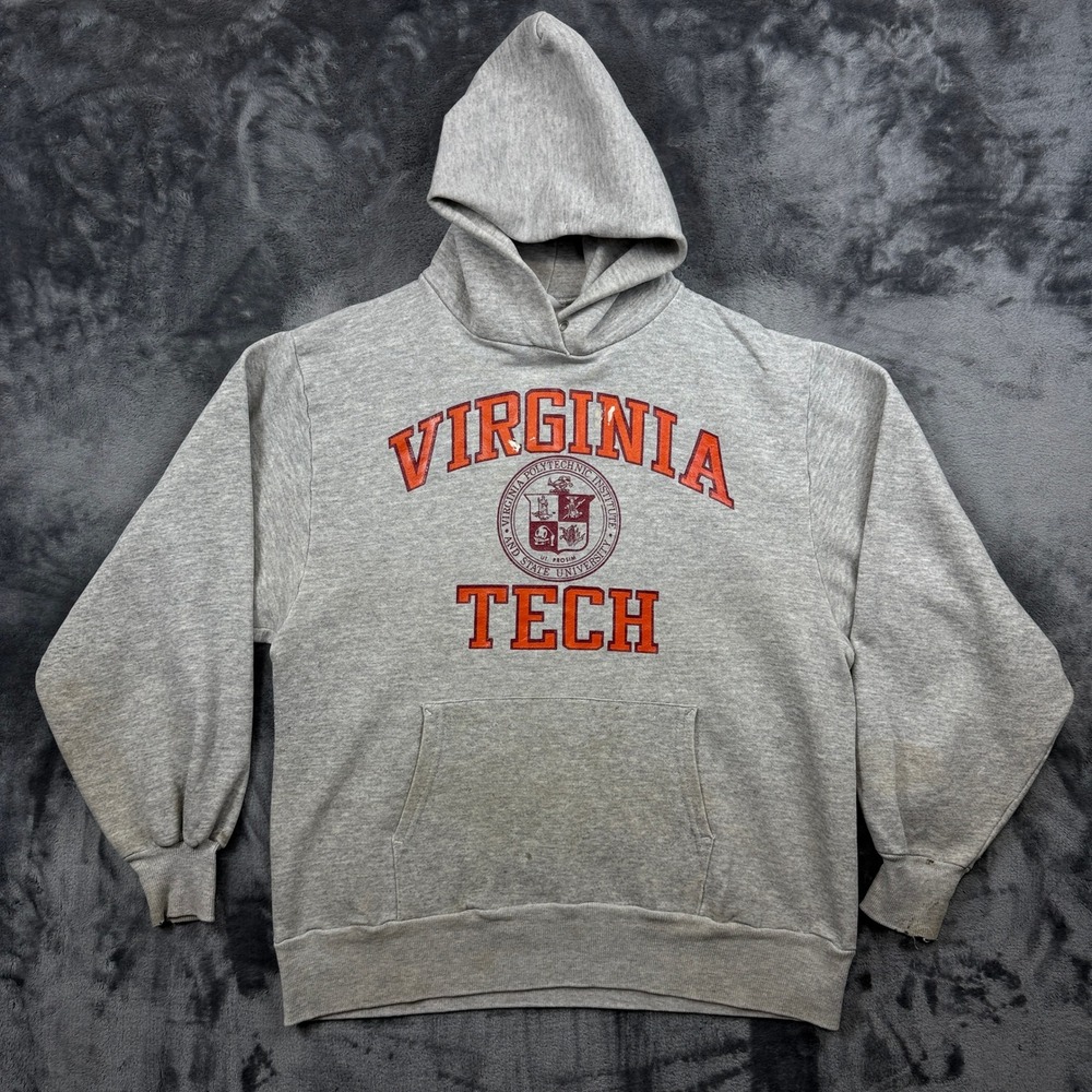 Vintage Virginia Tech Hoodie Mens Large Gray Collegiate Graphic VT Sweatshirt